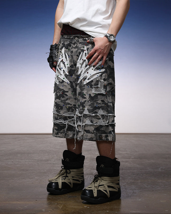 Camo Print Distressed Cargo Shorts