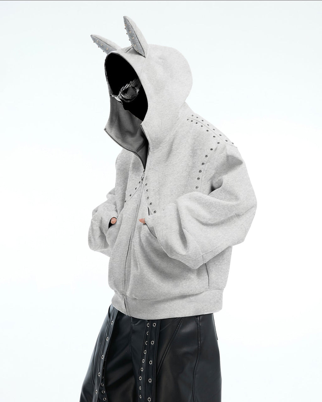Horned Studded Zip-Up Hoodie with Ear Detail