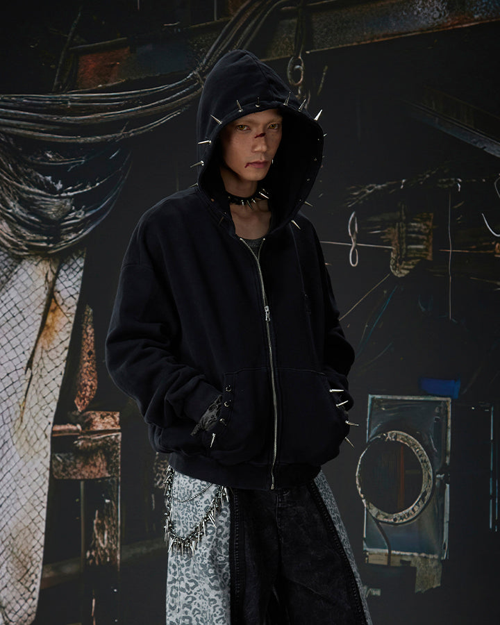 Spike Decor Zip-Up Hooded Sweatshirt