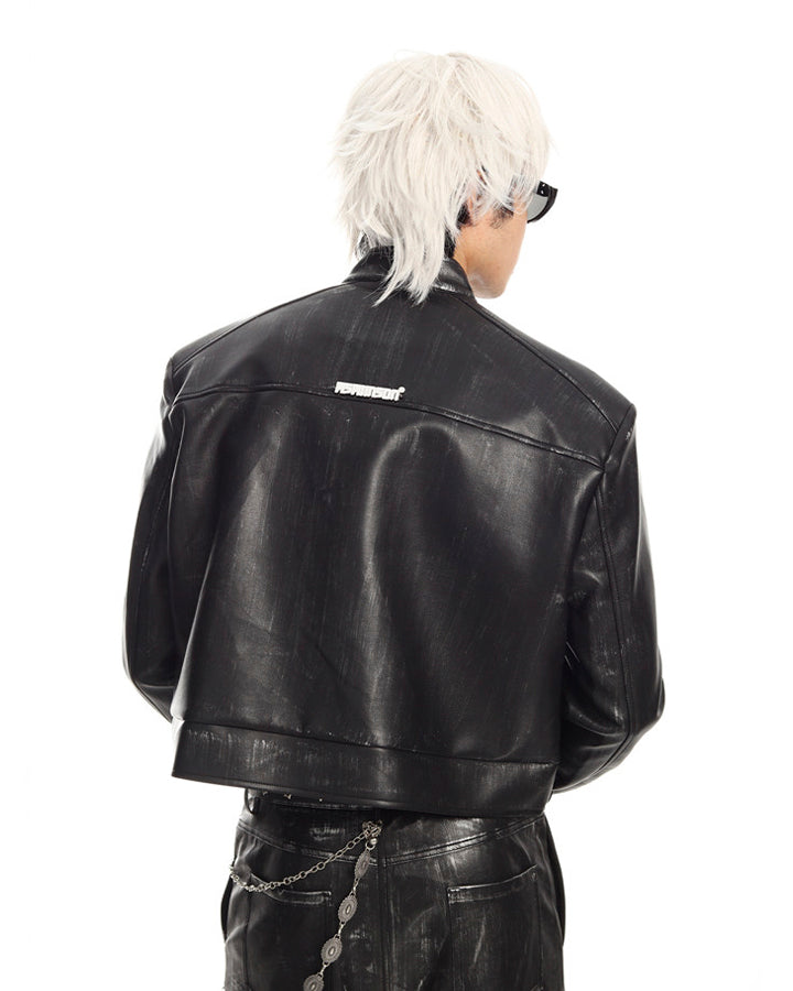 New PU Stand Collar Zip-Up Jacket