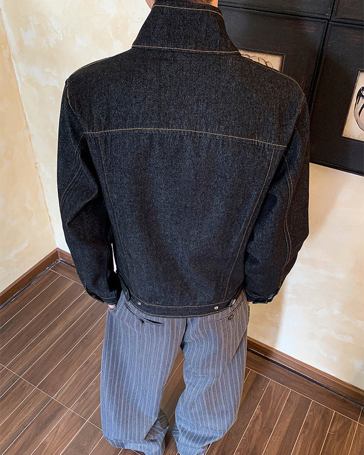 Stand Collar Buckle Denim Jacket