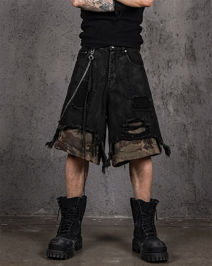 Distressed Bleached Patchwork Denim Shorts