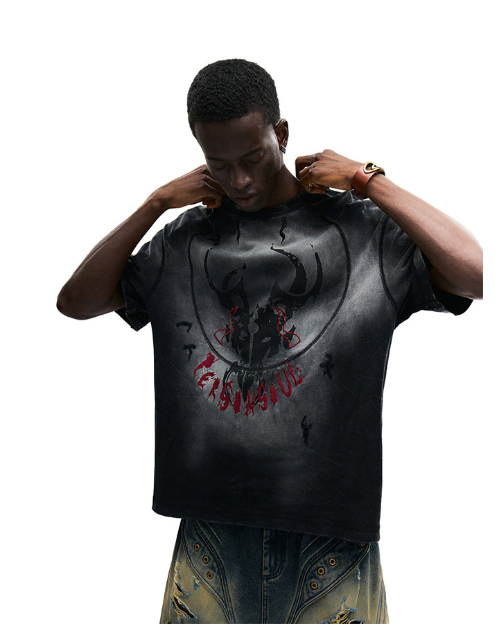 Dark Washed Distressed Graphic Short Sleeve T-Shirt