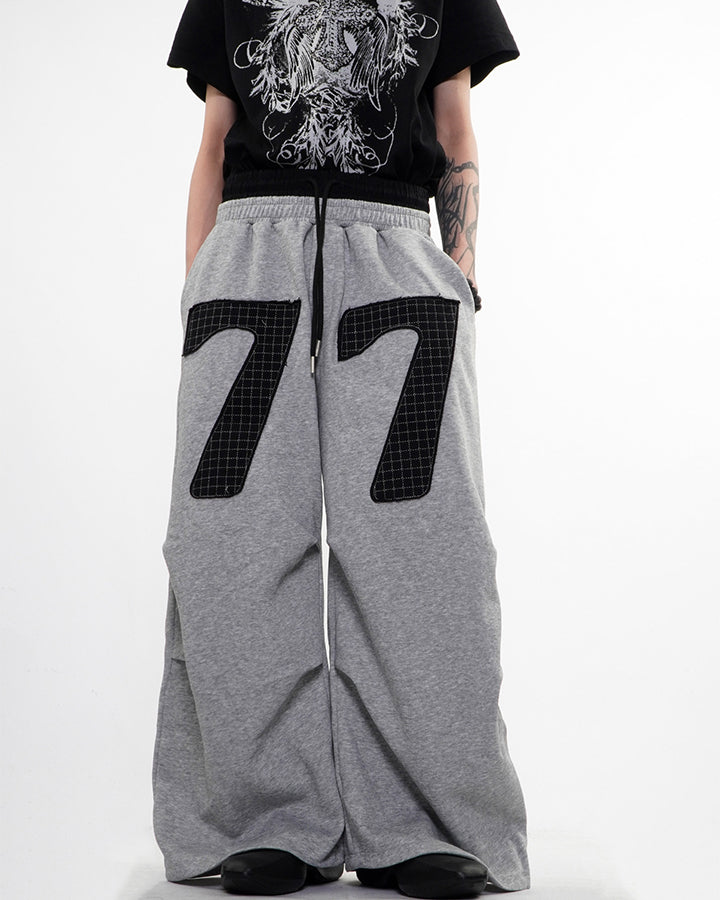 Double Waistband Number Patch Wide Leg Sweatpants
