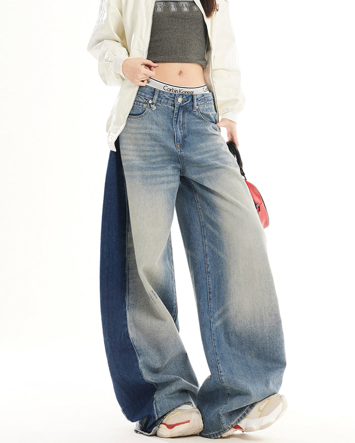 Spring Contrast Panel Wide-Leg Denim Jeans