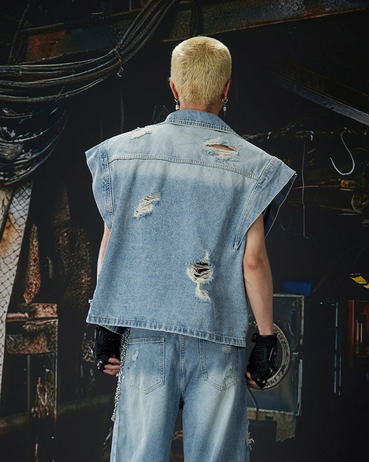 Distressed Washed Denim Vest Jacket