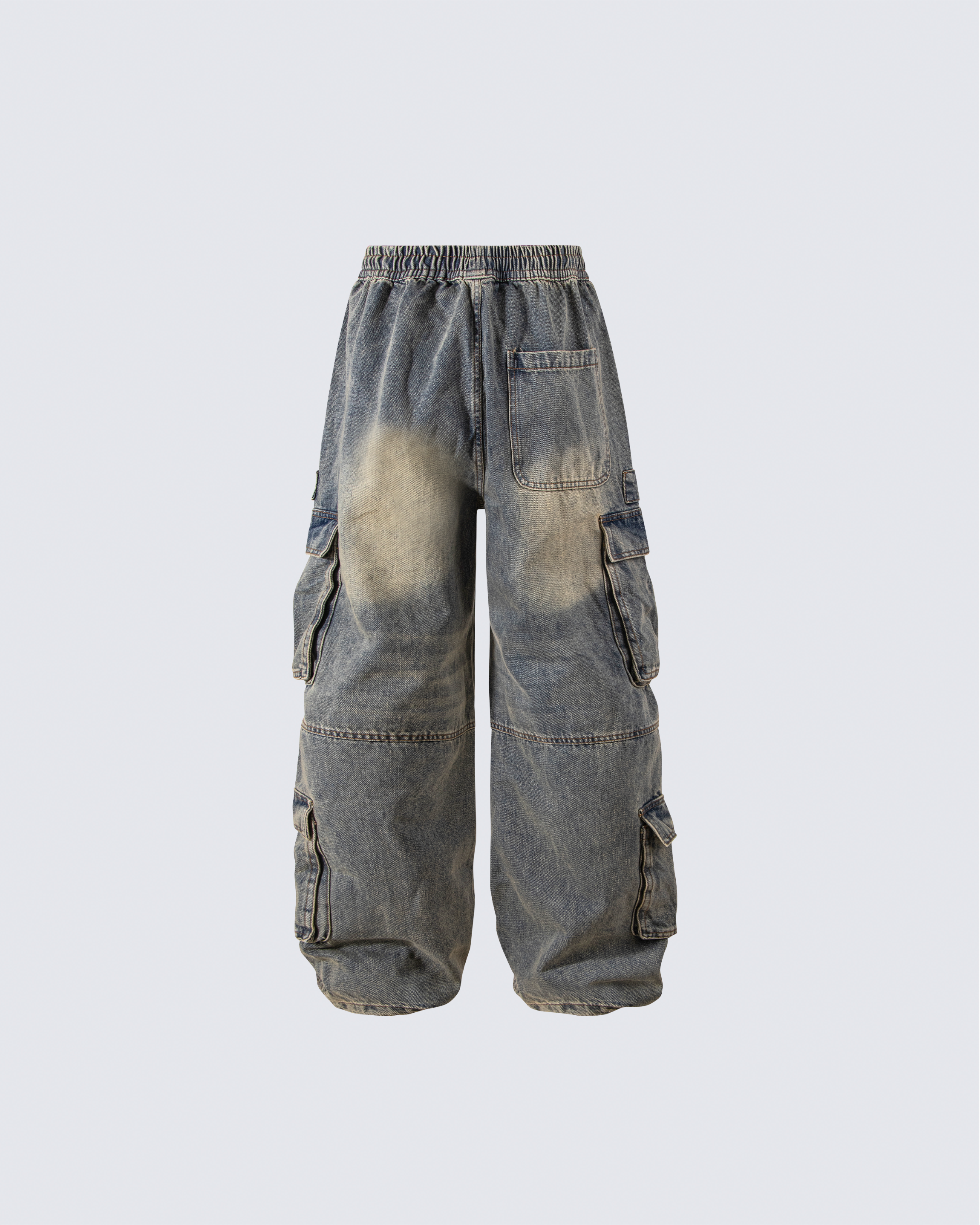Washed Denim Multi-Pocket Cargo Pants
