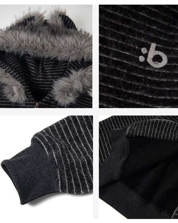 Autumn/Winter Striped Furry-Ear Hoodie