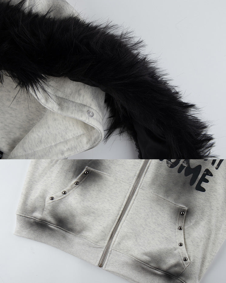 Gradient Faux Fur Hood Zip Hoodie