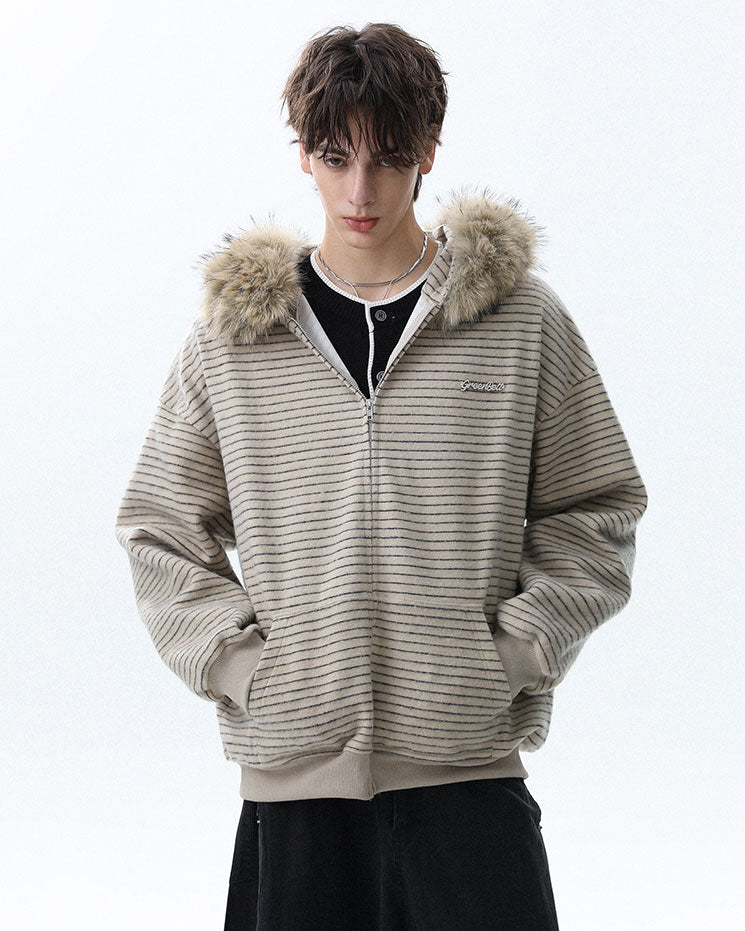 Striped Hoodie Jacket with Fur Trim