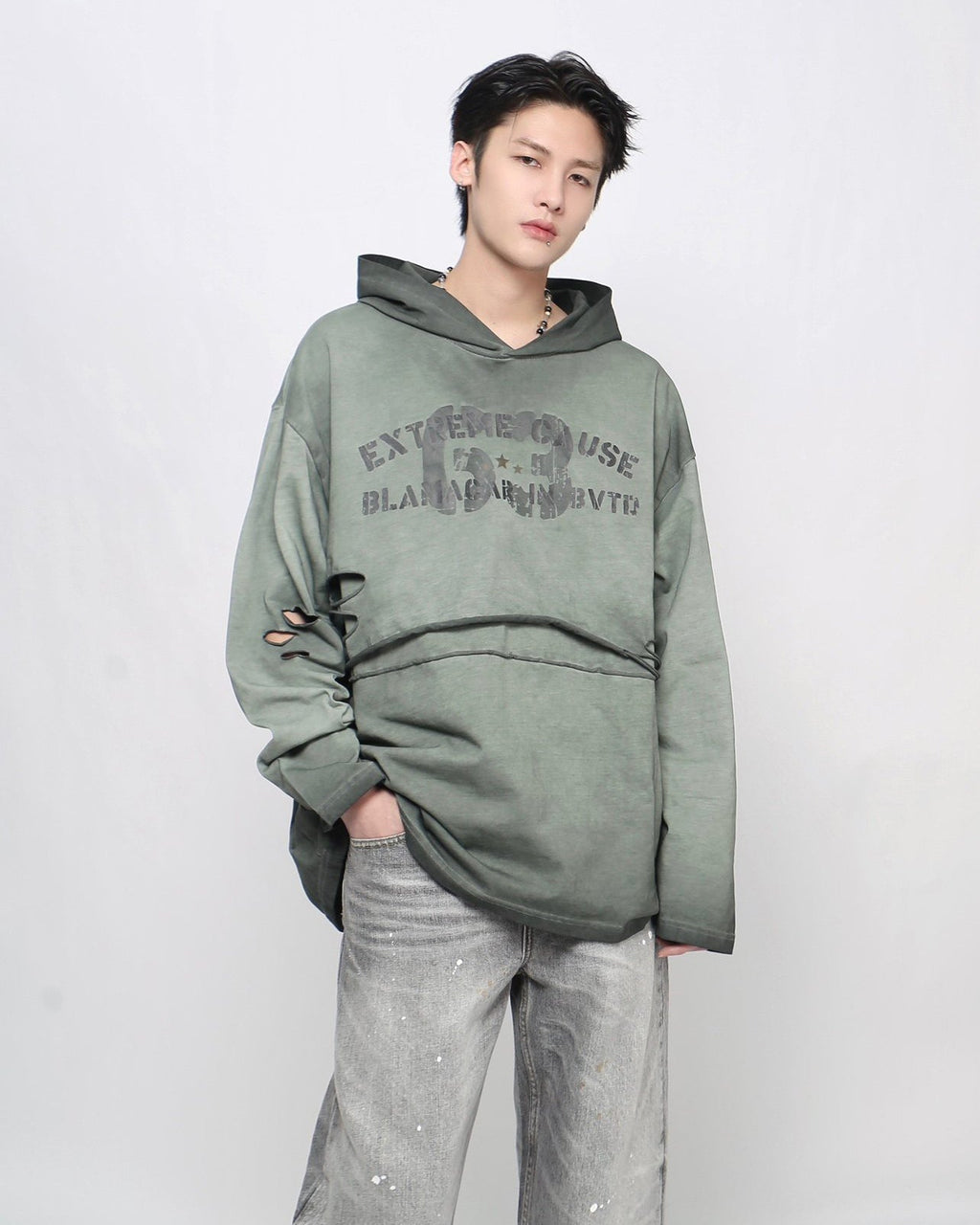 Retro Letter Distressed Hooded Sweatshirt