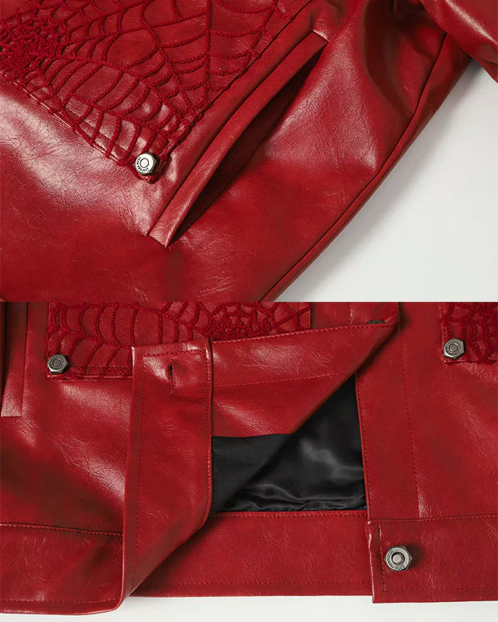 Faux Leather Jacket with Spiderweb Panels