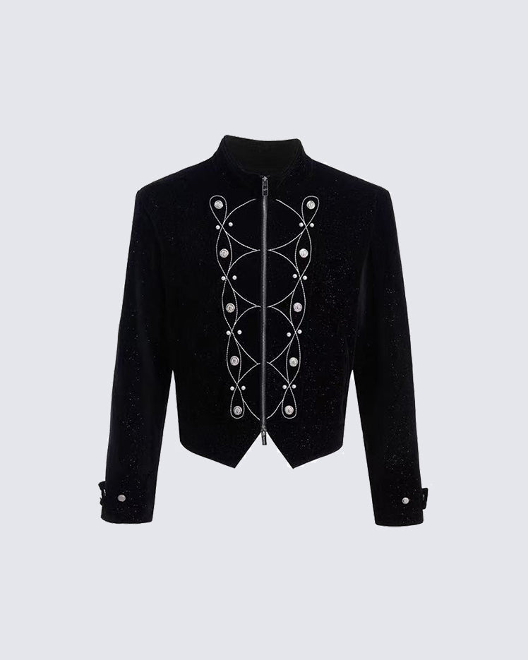 Metallic Button Stand Collar Design Jacket