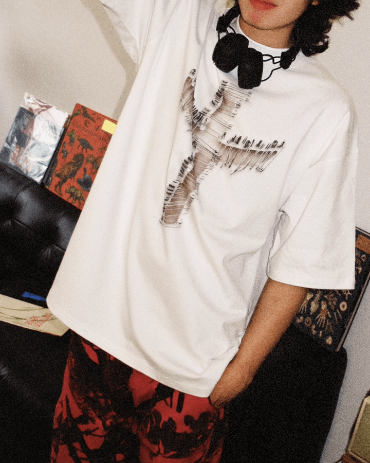 Distressed Cross Graphic Long Sleeve T-Shirt