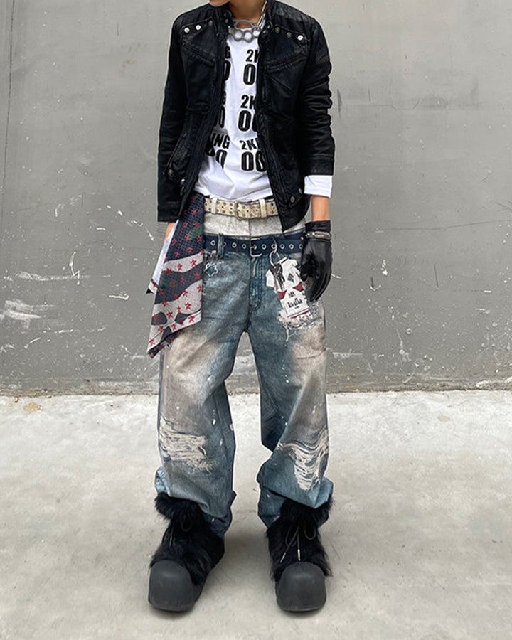 American 3D Digital Print Double Waistband Jeans