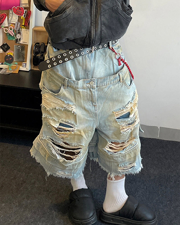 Layered Distressed Raw Hem Denim Shorts