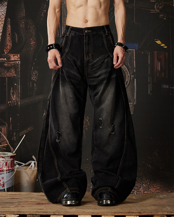 Distressed Deconstructed Washed Curved-Leg Jeans