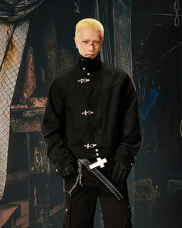 Stand Collar Buckle Embroidered Jacket