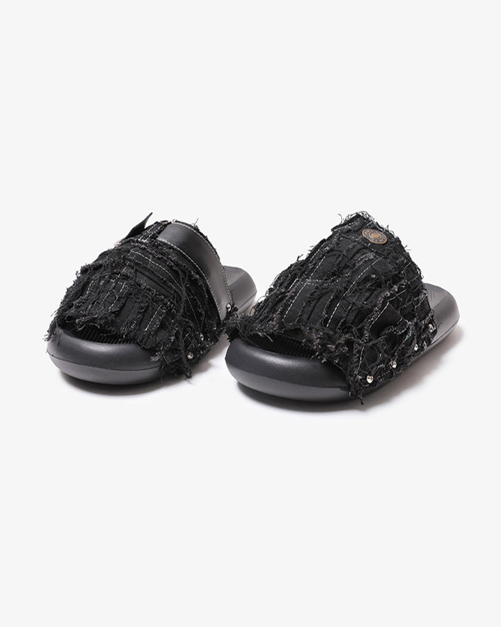 New Black Frayed Denim Platform Slides