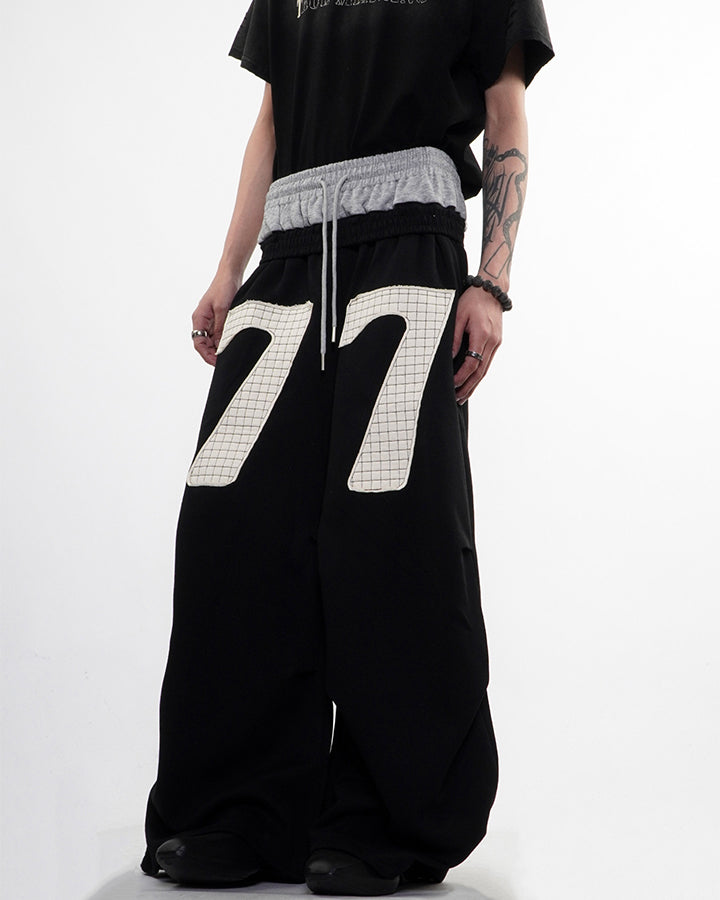 Double Waistband Number Patch Wide Leg Sweatpants