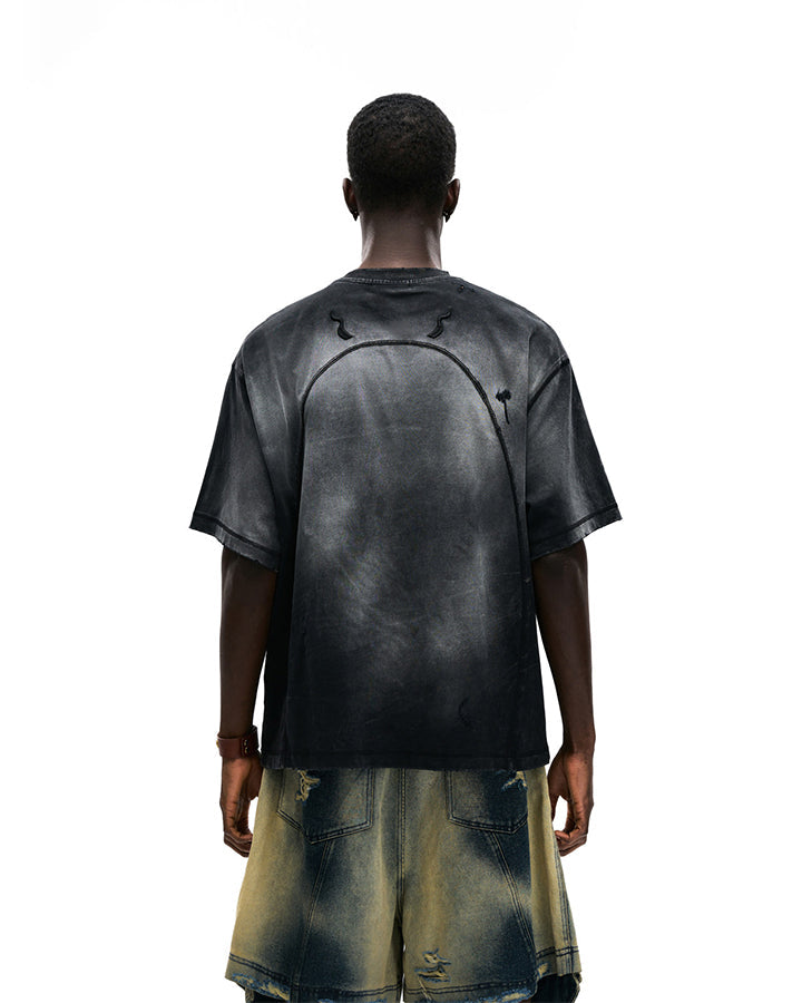 Dark Washed Distressed Graphic Short Sleeve T-Shirt