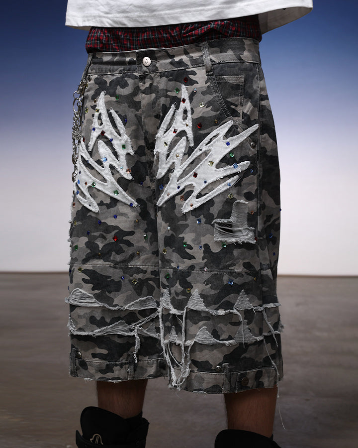 Camo Print Distressed Cargo Shorts