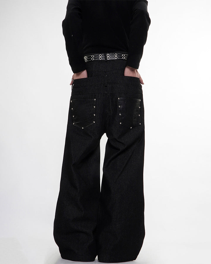 Rivet Patchwork Leather Panel Denim Pants