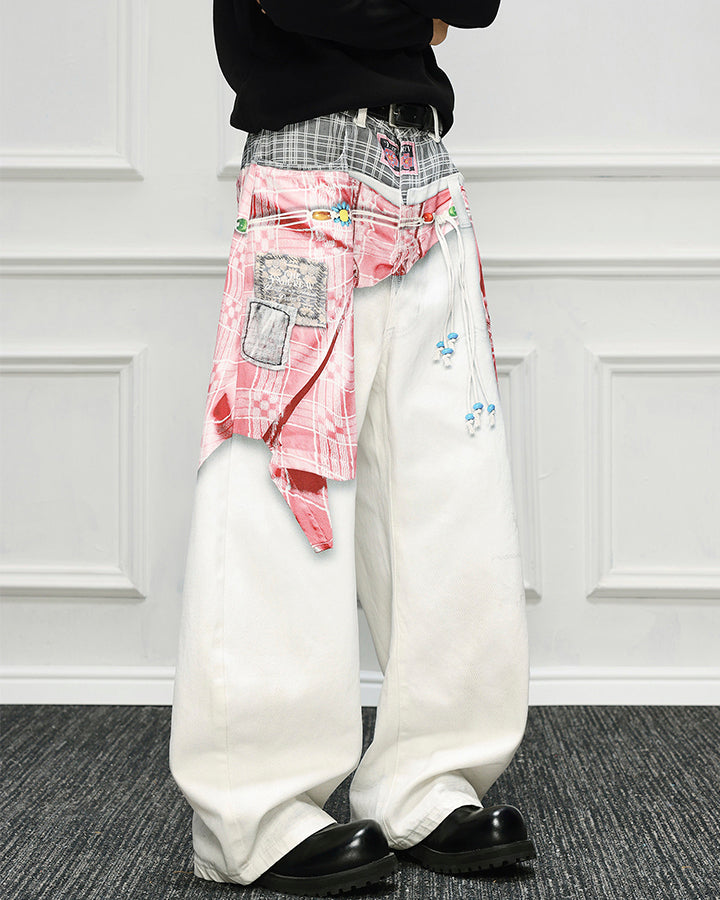 Patchwork Scarf Detail Wide Leg Pants