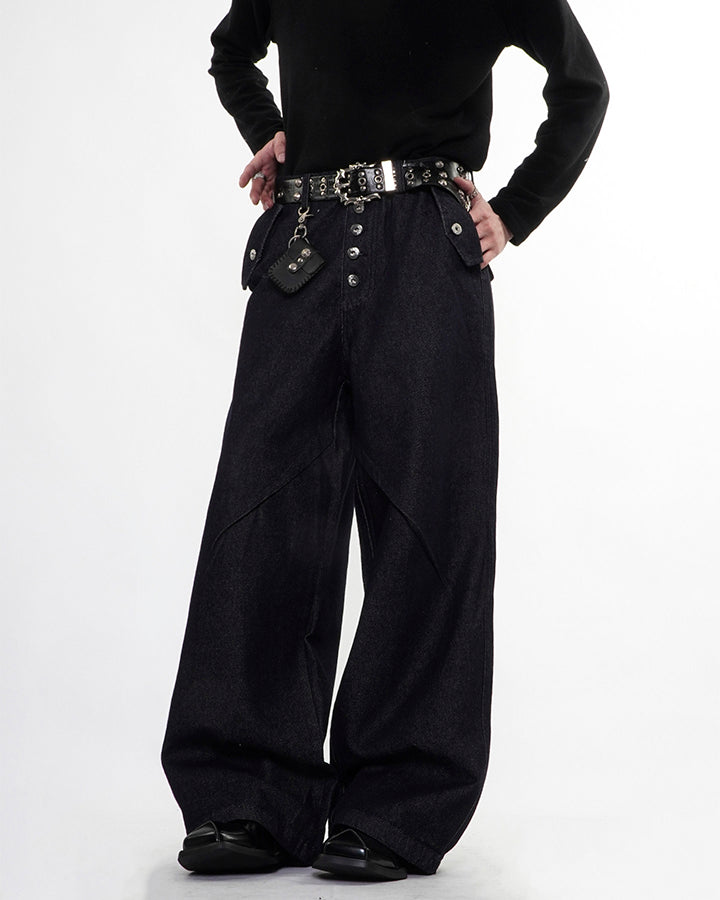 Dark Indigo Button Front Wide Denim Pants