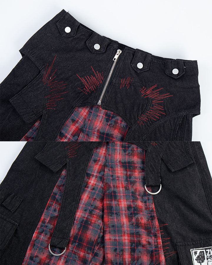 New Layered Plaid Cargo Wide-Leg Pants