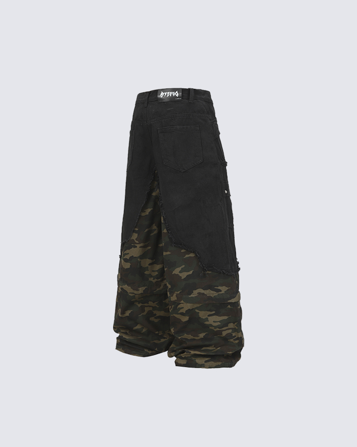 Black and Camo Distressed Cargo Pants