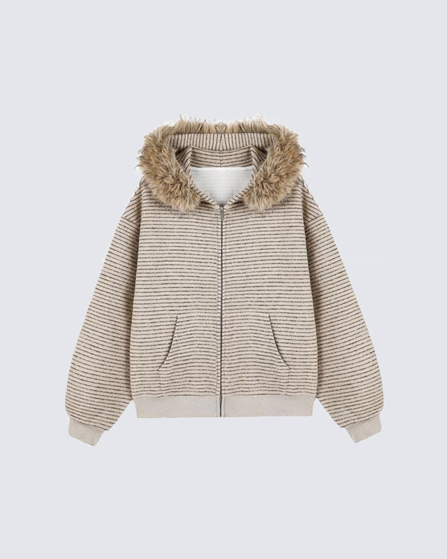 Striped Hoodie Jacket with Fur Trim