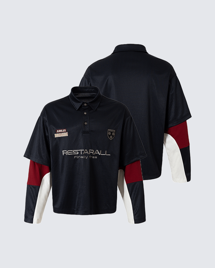 Colorblock Patchwork Polo Collar Long Sleeve T-Shirt