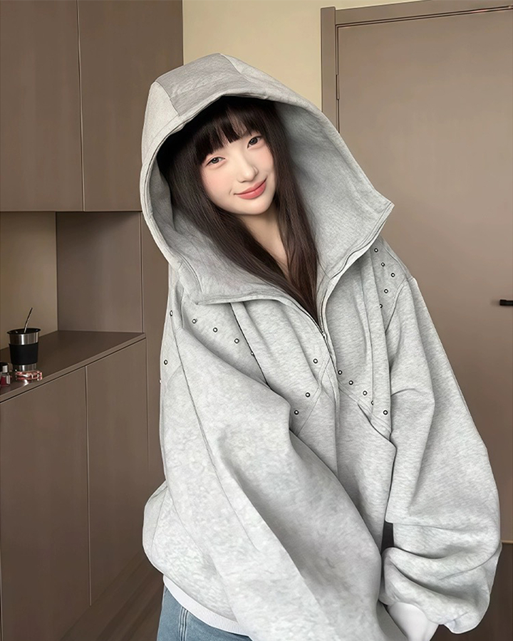 Horned Studded Zip-Up Hoodie with Ear Detail