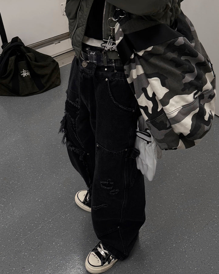 Double-Waist Heavy Patchwork Denim Pants