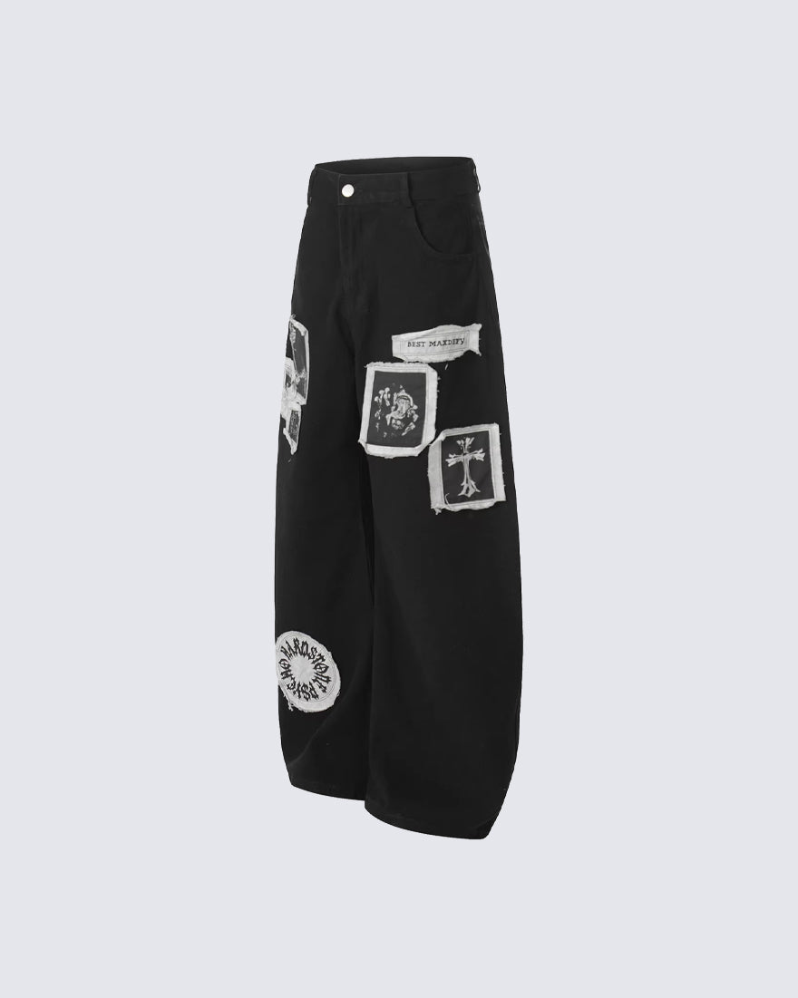 Graphic Patch Wide Leg Denim Pants