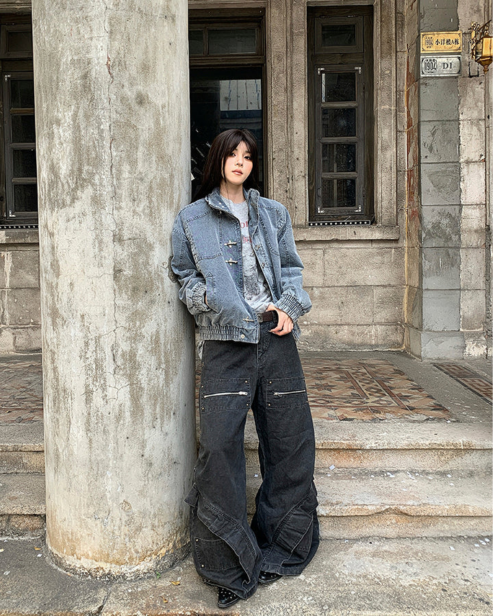 Spliced Metal-Detail Scimitar Denim Pants