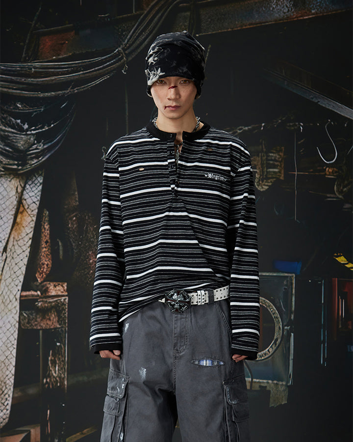 Vintage Contrast Stripe Button Long Sleeve T-Shirt
