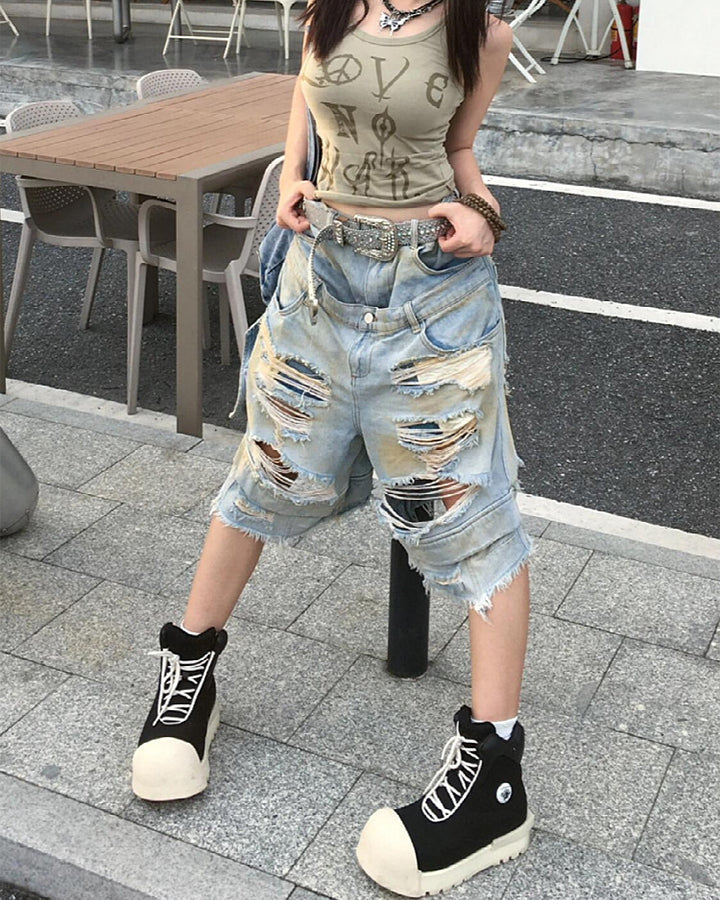 Layered Distressed Raw Hem Denim Shorts