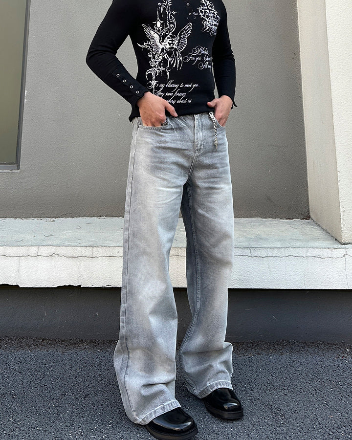 Heavy Washed Spray Vintage Wide Leg Jeans
