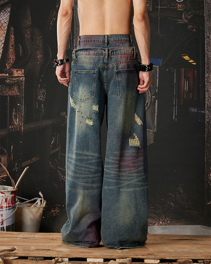 New Double Waist Spray Distressed Jeans