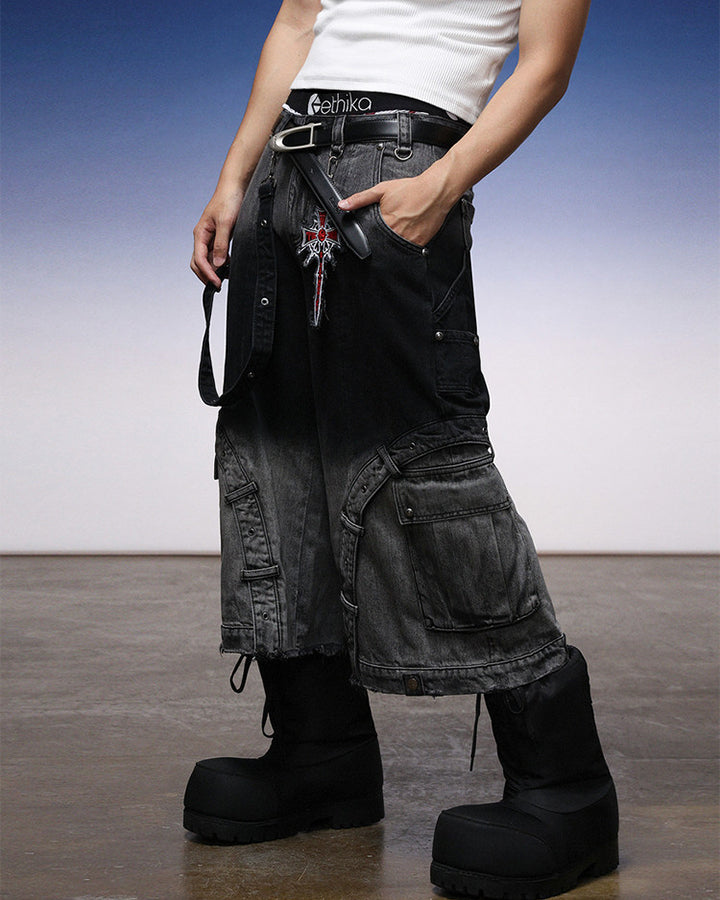 Washed Utility Wide Leg Cargo Shorts