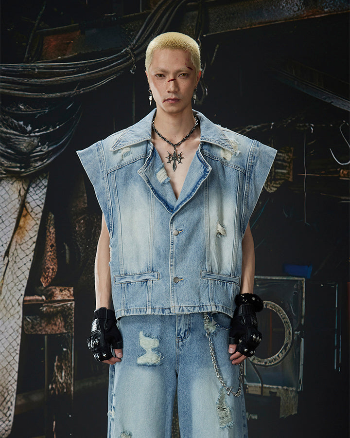 Distressed Washed Denim Vest Jacket