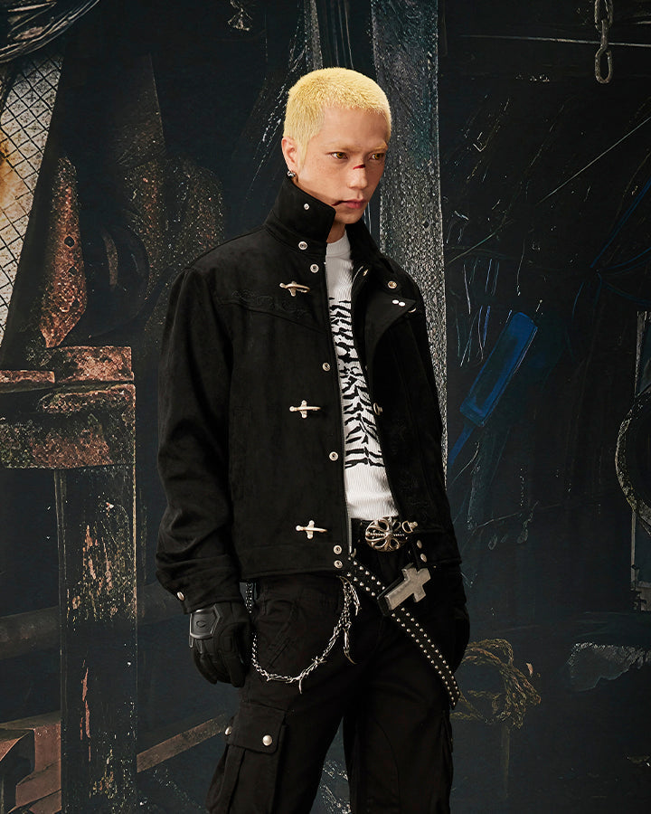 Stand Collar Buckle Embroidered Jacket