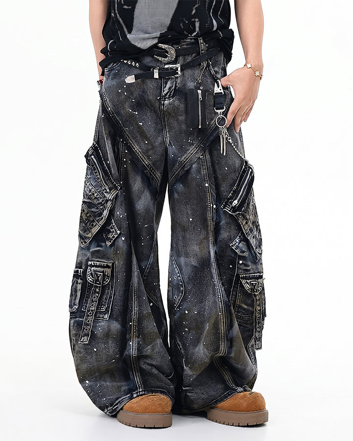 Heavy Washed Ink-Splatter Deconstructed Denim Jeans