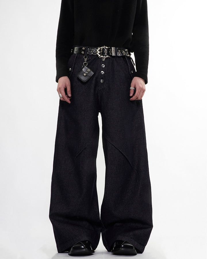 Dark Indigo Button Front Wide Denim Pants