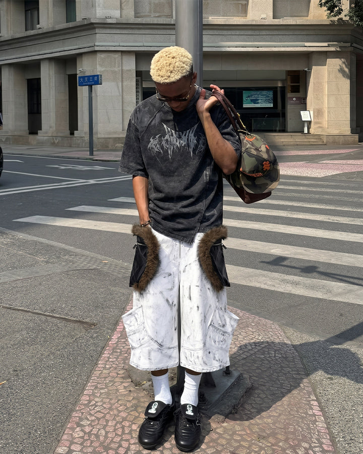Distressed Asymmetrical Panel Short Sleeve T-Shirt