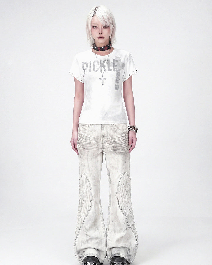 Angel Wing Print Distressed Wide-Legged Jeans