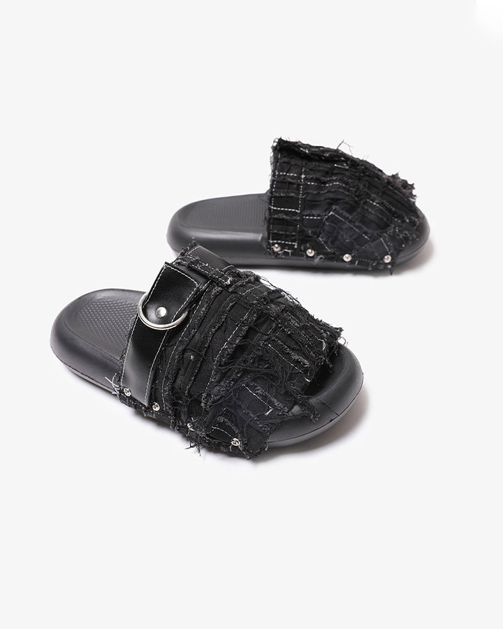 New Black Frayed Denim Platform Slides