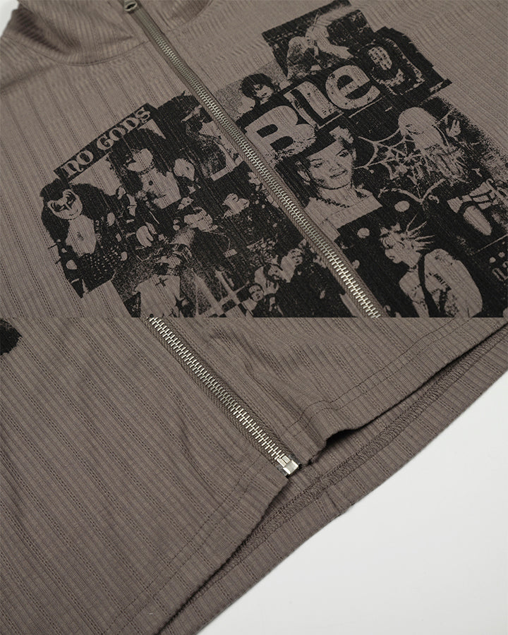 Ribbed Graphic Zip-Up Long Sleeve